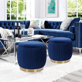 img 1 attached to Blue Round Velvet Ottoman Stool with Metal Band and Storage - YYW HOME Vanity Chair Footrest Stool