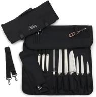 premium chef's knife roll bag (14 slots) for 10 knives + meat cleaver, utility pocket, 4 tasting spoons! durable knife carrier with shoulder strap & name card holder. (knives not included) logo