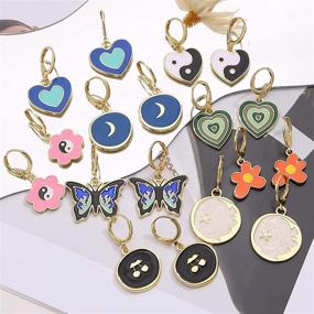 img 1 attached to 🌈 Colorful Y2K Enamel Huggie Hoop Earrings Set for Women and Girls, 9 Pairs of Cute Small Earrings with Heart, Butterfly, and Flower Charms, Trendy Gold Hypoallergenic Dangle Hoops, Aesthetic Earrings Pack