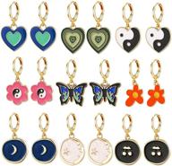 🌈 colorful y2k enamel huggie hoop earrings set for women and girls, 9 pairs of cute small earrings with heart, butterfly, and flower charms, trendy gold hypoallergenic dangle hoops, aesthetic earrings pack logo