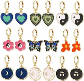 img 4 attached to 🌈 Colorful Y2K Enamel Huggie Hoop Earrings Set for Women and Girls, 9 Pairs of Cute Small Earrings with Heart, Butterfly, and Flower Charms, Trendy Gold Hypoallergenic Dangle Hoops, Aesthetic Earrings Pack