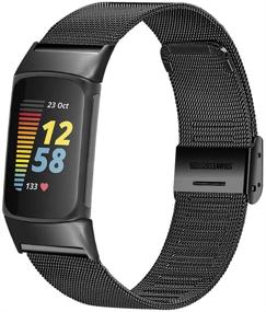 img 3 attached to Chofit Metal Watch Bands for Fitbit Charge 5 - Adjustable Stainless Steel Mesh Strap Wristband for Women and Men (Black)