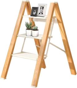 img 4 attached to 🪜 3-Step Folding Step Stool with Anti-Slip Pedal, Sturdy & Wide Design in Woodgrain - Lightweight Portable Aluminum Step Ladder for Home, Office, Kitchen - 330 lbs Capacity