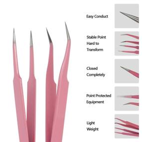 img 1 attached to EAONE 4-Piece Eyelash Extension Tweezers Set with Flannel Bag - Pink: Straight and Curved Tip Stainless Steel Lash Tweezers for Professional Eyelash Extensions