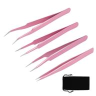 eaone 4-piece eyelash extension tweezers set with flannel bag - pink: straight and curved tip stainless steel lash tweezers for professional eyelash extensions logo