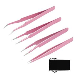 img 4 attached to EAONE 4-Piece Eyelash Extension Tweezers Set with Flannel Bag - Pink: Straight and Curved Tip Stainless Steel Lash Tweezers for Professional Eyelash Extensions