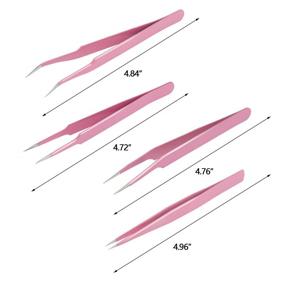 img 3 attached to EAONE 4-Piece Eyelash Extension Tweezers Set with Flannel Bag - Pink: Straight and Curved Tip Stainless Steel Lash Tweezers for Professional Eyelash Extensions