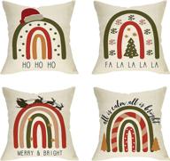 🌈 set of 4 ussap christmas boho rainbow throw pillow covers, 18x18 merry bright winter snowflake cushion cases, xmas hat tree reindeer sleigh sofa couch decor, bohemian decoration gift логотип