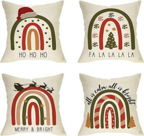 img 4 attached to 🌈 Set of 4 Ussap Christmas Boho Rainbow Throw Pillow Covers, 18x18 Merry Bright Winter Snowflake Cushion Cases, Xmas Hat Tree Reindeer Sleigh Sofa Couch Decor, Bohemian Decoration Gift