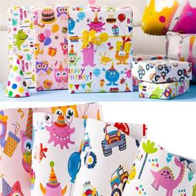 img 4 attached to Colorful and Fun Birthday Gift Wrapping Paper - Dinosaur Monster Car Theme for Boys and Girls - 12 Folded Sheets - Baby Shower Supplies