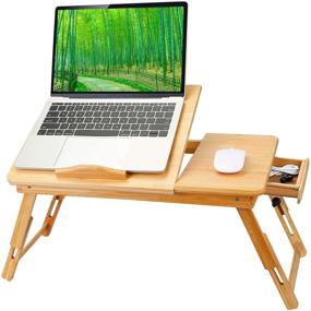 img 4 attached to Bamboo Laptop Desk: Foldable Breakfast Tray with Drawer - Adjustable Tilt Surface Stand for Bed, Work, Study, Reading, Eating - Moclever