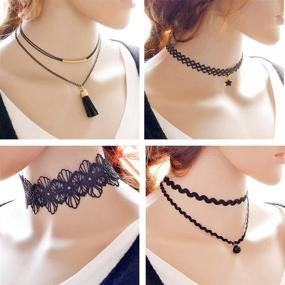 img 1 attached to 🖤 Trasfit 10-Piece Lace Choker Set: Black Classic Velvet Stretch Punk Gothic Tattoo Lace - 10 Style #1 for Women and Girls