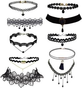 img 4 attached to 🖤 Trasfit 10-Piece Lace Choker Set: Black Classic Velvet Stretch Punk Gothic Tattoo Lace - 10 Style #1 for Women and Girls