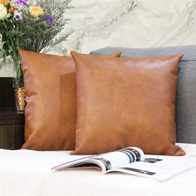 img 2 attached to 🛋️ Shorping Faux Leather Farmhouse Pillow Covers, Thick Cognac Brown, Modern Decorative 18X18 Inch Set of 2 Square Pillow Covers, Bedroom and Living Room Cushion Pillowcases for Home Decor, Sofa Bed