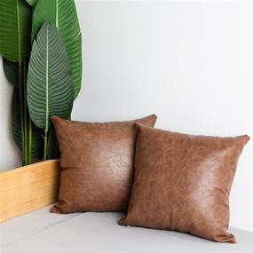 img 3 attached to 🛋️ Shorping Faux Leather Farmhouse Pillow Covers, Thick Cognac Brown, Modern Decorative 18X18 Inch Set of 2 Square Pillow Covers, Bedroom and Living Room Cushion Pillowcases for Home Decor, Sofa Bed