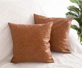 img 1 attached to 🛋️ Shorping Faux Leather Farmhouse Pillow Covers, Thick Cognac Brown, Modern Decorative 18X18 Inch Set of 2 Square Pillow Covers, Bedroom and Living Room Cushion Pillowcases for Home Decor, Sofa Bed