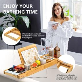 img 3 attached to 🛀 Enhance Your Bathing Experience with our Bathtub Tray - Expandable Board, Book Stand, Premium Leather Grip, Non-Slip Pat, Luxury Bath Bamboo Table Tray for Adults at Home Spa - Perfect Gift Choice