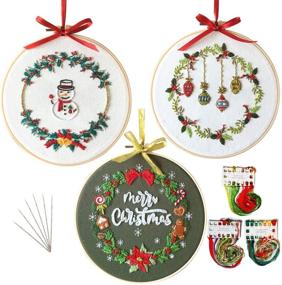 img 4 attached to 🎄 Beginner-friendly 3 Sets Embroidery Starter Kit with Christmas Pattern: Cross Stitch Set, Stamped Embroidery Kits, Hoops & Color Threads Included