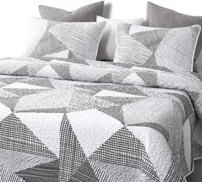 img 2 attached to 🛏️ Geometric Triangle Quilt Set - Modern Pattern in Black, White, and Gray Grey - 100% Cotton Fabric with Soft Microfiber Fill - King Size Bedspread Coverlet Bedding Set (3pcs)