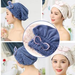 img 3 attached to 👒 SweetCat 2PC Microfiber Hair Drying Caps, Super Soft &amp; High Absorbency, Quick Dry Hair Turban Wrap Towels Shower Cap for Girls and Women (Blue+Beige)…