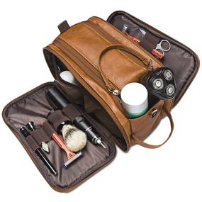 img 3 attached to 🧳 Brown Synthetic Leather Toiletry Bag for Men - Large Dopp Kit with Double Zipper, Ideal Travel Shaving & Cosmetics Organizer in Suitcase