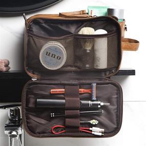 img 2 attached to 🧳 Brown Synthetic Leather Toiletry Bag for Men - Large Dopp Kit with Double Zipper, Ideal Travel Shaving & Cosmetics Organizer in Suitcase