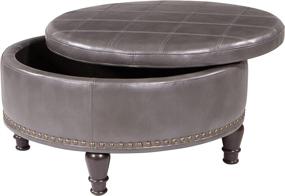 img 4 attached to 🪑 OSP Home Furnishings Augusta Round Storage Ottoman: Decorative Nailheads, Flip-Over Lid & Serving Tray - Pewter Grey Faux Leather