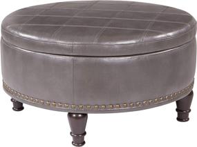 img 2 attached to 🪑 OSP Home Furnishings Augusta Round Storage Ottoman: Decorative Nailheads, Flip-Over Lid & Serving Tray - Pewter Grey Faux Leather