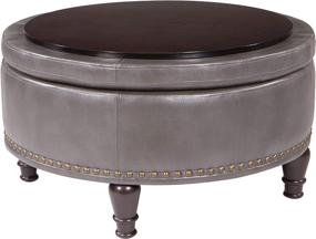 img 3 attached to 🪑 OSP Home Furnishings Augusta Round Storage Ottoman: Decorative Nailheads, Flip-Over Lid & Serving Tray - Pewter Grey Faux Leather