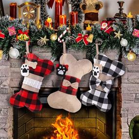 img 4 attached to 🎄 Set of 3 Yostyle Pet Dog Christmas Stockings – 18&#34; Large Bone Shape Buffalo Plaid Pets Stockings for Dogs – Holiday Decorations