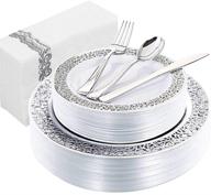 🍽️ wdf 150pcs silver plastic plates with disposable silverware & hand napkins, lace design – 25 dinner plates, 25 salad plates, 25 forks, 25 knives, 25 spoons, and 25 disposable napkins set logo