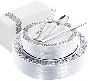 img 4 attached to 🍽️ WDF 150PCS Silver Plastic Plates with Disposable Silverware & Hand Napkins, Lace Design – 25 Dinner Plates, 25 Salad Plates, 25 Forks, 25 Knives, 25 Spoons, and 25 Disposable Napkins Set