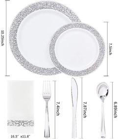 img 3 attached to 🍽️ WDF 150PCS Silver Plastic Plates with Disposable Silverware & Hand Napkins, Lace Design – 25 Dinner Plates, 25 Salad Plates, 25 Forks, 25 Knives, 25 Spoons, and 25 Disposable Napkins Set