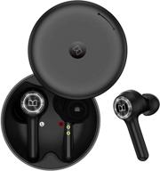 black monster wireless earbuds with bluetooth 5.0, wireless 🎧 charging case, tws headphones, dual built-in microphones, enhanced hands-free calling clarity logo