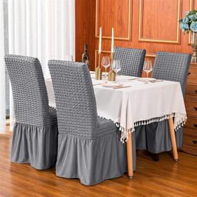 img 3 attached to Stretchable Universal Dining Room Chair Covers Slipcovers with Skirt - Jacquard Parsons Chair Slipcovers Removable Washable Furniture Protector for Kids Pets Home Ceremony Banquet (2Pcs, Grey)