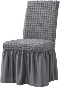 img 4 attached to Stretchable Universal Dining Room Chair Covers Slipcovers with Skirt - Jacquard Parsons Chair Slipcovers Removable Washable Furniture Protector for Kids Pets Home Ceremony Banquet (2Pcs, Grey)