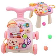 qdragon 2-in-1 baby walker with wheels - sit-to-stand learning walker for boys and girls, pink - baby entertainment table, early educational activity center, push walkers for kids logo