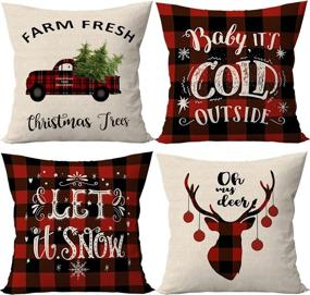 img 4 attached to 🎄 Stylish ÖSSZEFUT Set of 4 Buffalo Plaid Christmas Throw Pillow Covers - Farmhouse Décor, 18x18 Inches, Red, Cotton Linen Cushion Pillowcases