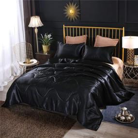 img 4 attached to Black Silky Satin Comforter Set Queen – Soft Lightweight Microfiber Luxury Quilted Bedding Sets with 2 Pillow Covers for Summer, Spring, Autumn - NTBED
