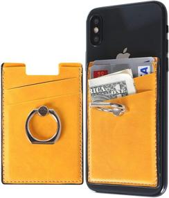 img 4 attached to 📱 Yellow Card Holder with Ring Stand: Stick-on Wallet Sticker for Back of Phone, Adhesive Credit Card Holder and Magnetic Car Mount for iPhones and Cellphones