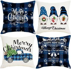 img 4 attached to 🎄 Синие рождественские наволочки Blue Christmas Pillow Covers Artmag 20x20 - декоративный наружный дизайн фермерского стиля "Веселое Рождество" в клетку с грузовиком и гномами - набор из 4 наволочек для подушек, чехлы для дивана