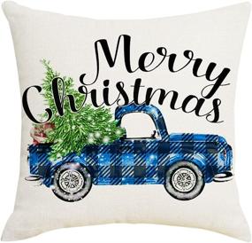 img 1 attached to 🎄 Синие рождественские наволочки Blue Christmas Pillow Covers Artmag 20x20 - декоративный наружный дизайн фермерского стиля "Веселое Рождество" в клетку с грузовиком и гномами - набор из 4 наволочек для подушек, чехлы для дивана