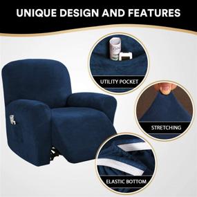 img 1 attached to 🪑 Navy Velvet Recliner Chair Cover with Side Pocket - Form Fit & Anti-Slip Furniture Protector, Washable & Customizable - 4 Piece Set