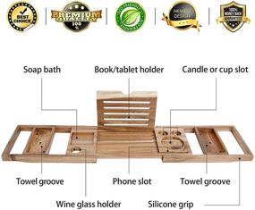 img 3 attached to 🛁 Luxurious Acacia Wooden Bath Tub Tray: Perfect Bathroom and Bed Tray for One or Two, Extendable Caddy with Reading Rack and Tablet Holder, Includes Free Non-Slip Mat!