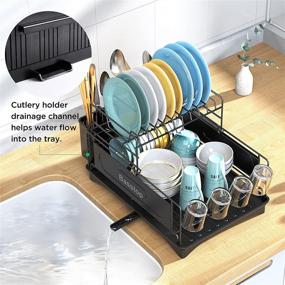 img 1 attached to 🍽️ BASSTOP 2 Tiers Dish Drying Rack, Compact 16" x 12.4" x 11" Dish Drainer with Adjustable Swivel Spout, Removable Cutlery & Anti-Slip Cup Holder: Drainboard Set