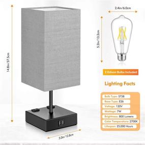 img 1 attached to 💡 Modern 3-Way Dimmable Table Lamps Set of 2 with USB Ports and AC Outlets—Bedside & Nightstand Lamp for Bedroom, Living Room, Office, Hotel—Touch Control & Grey Fabric Shade—LED Bulbs Included