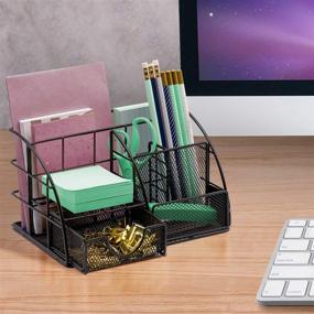 img 3 attached to Black All-in-One Sorbus Desk Organizer: Stylish Mesh Caddy for Office Supplies Organization, Includes Pen/Pencil Holder, Mail Organizer, and Sliding Drawer - Ideal for Office Decor and Storage