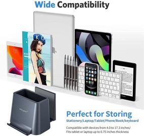 img 1 attached to 🖥️ White Vertical Laptop Stand with Pen Holder/Phone or iPad Stand - 3 in 1 Design for Desktop Space Saving, MacBook Stand for Desk Organizers and Storage