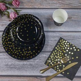 img 2 attached to Golden Disposable Party Dinnerware Set - Black and Gold Party Supplies with Paper Plates, Napkins, Knives, Forks, Cups & Banner - Perfect for Graduation, Birthday, Bachelorette Party