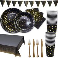 golden disposable party dinnerware set - black and gold party supplies with paper plates, napkins, knives, forks, cups & banner - perfect for graduation, birthday, bachelorette party logo